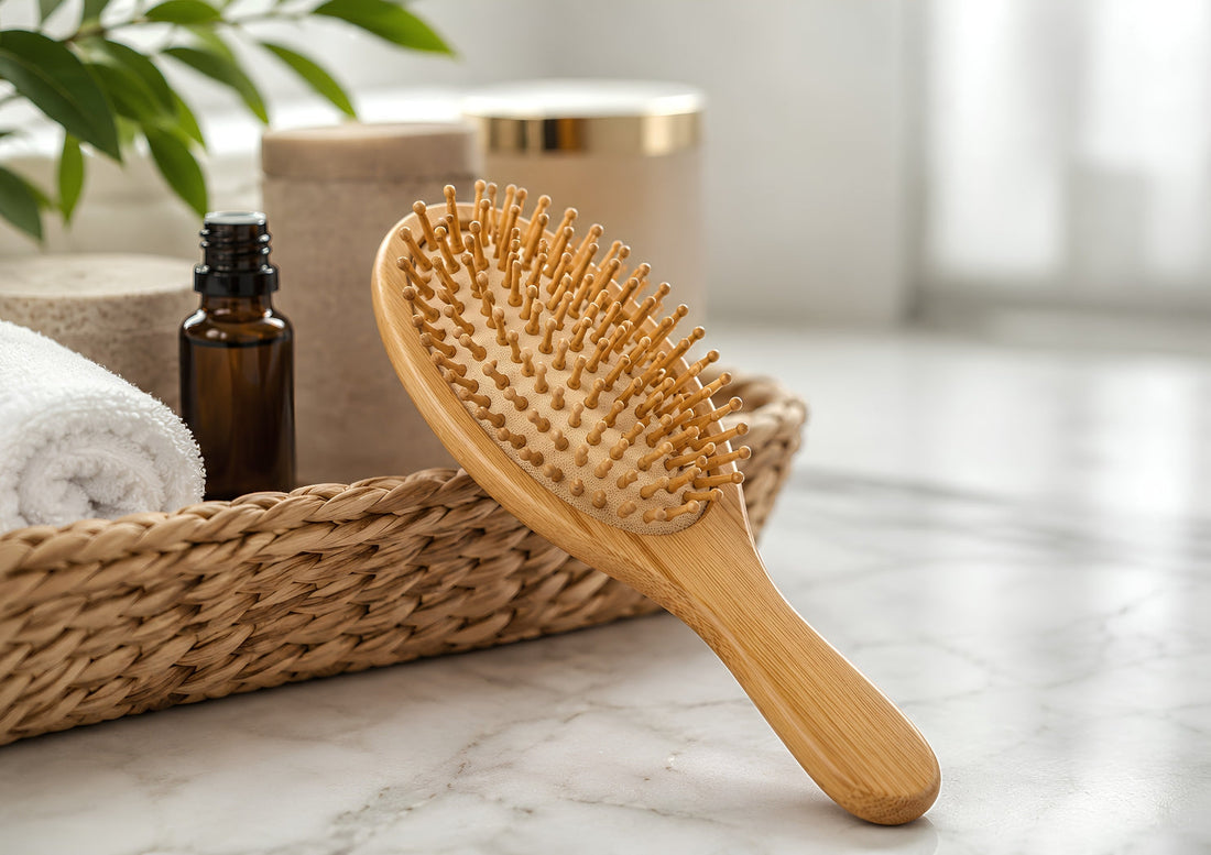Natural bamboo hair brush for healthier hair, reduced frizz, scalp massage, and improved hair growth