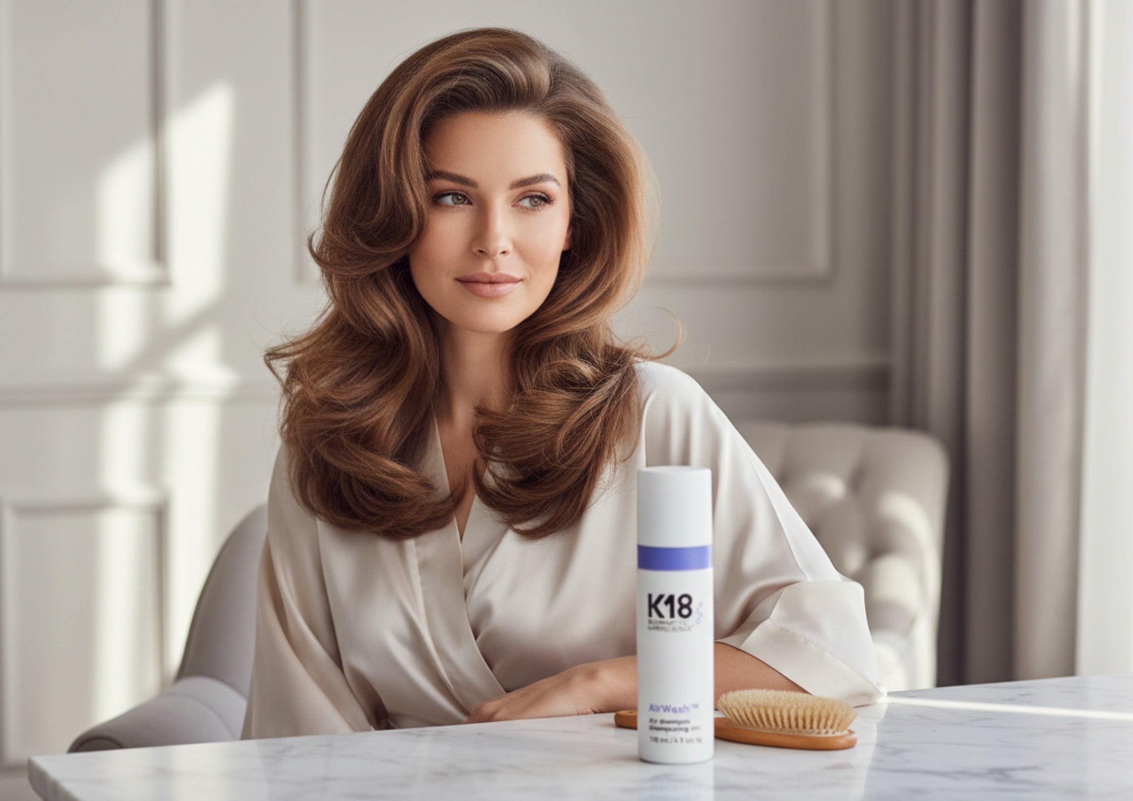 Applying K18 dry shampoo for oil-free hair