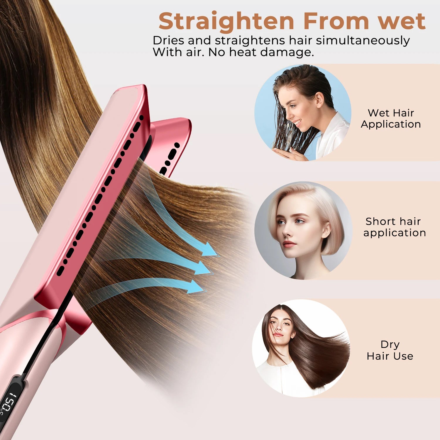 Hair straightener with text on benefits and usage scenarios