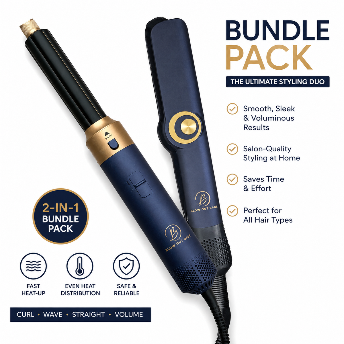 A 2-in-1 hair styling bundle pack featuring a navy blue and gold curling iron and a matching flat iron on a white background with promotional text and feature icons.