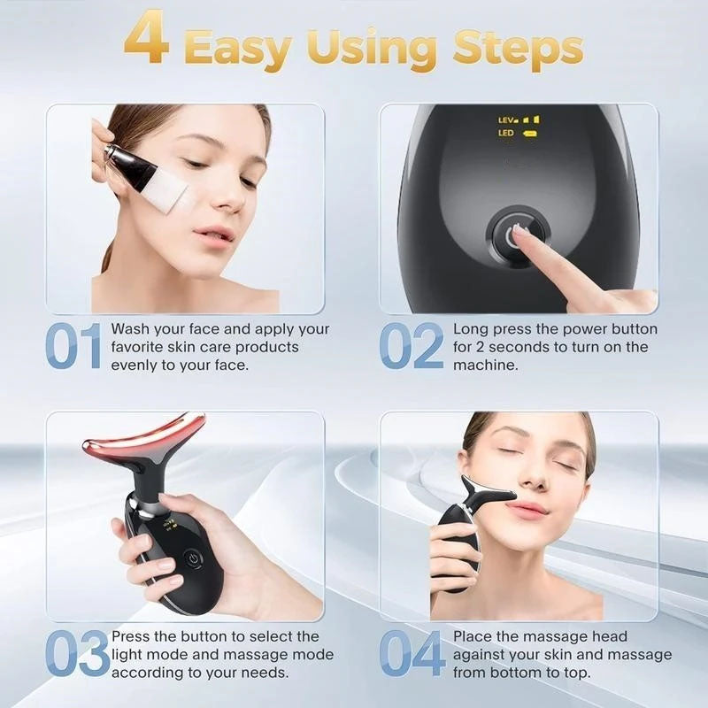 Instructions for using a facial massage device with step-by-step guide and images.