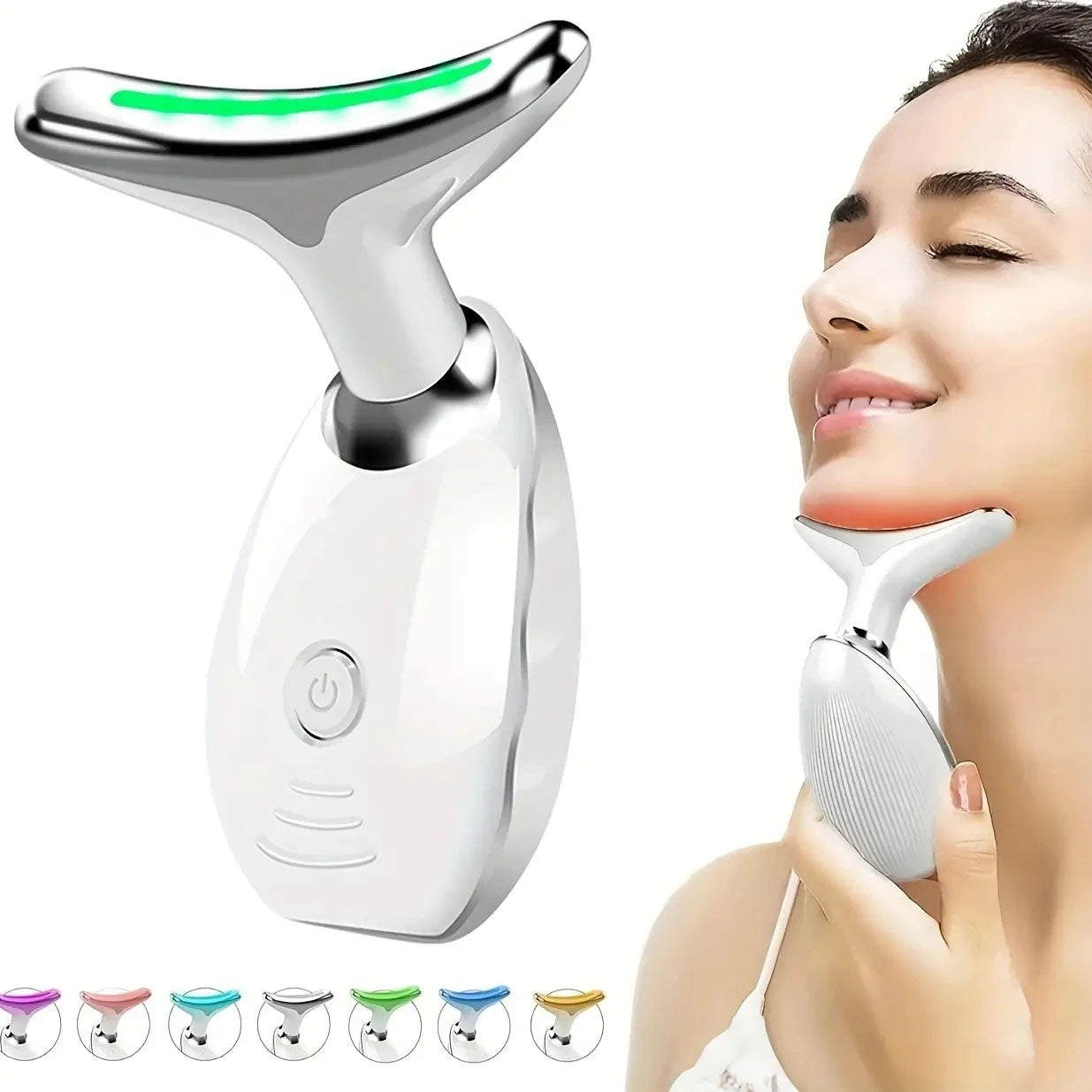 Beauty device with a green light on a white background, used on a person's face.