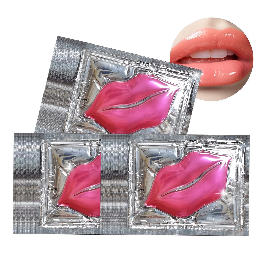 Three silver foil lip-shaped adhesive patches with glossy pink centers are shown on a white background, with a circular inset of lips wearing a similar pink lip product in the top right.