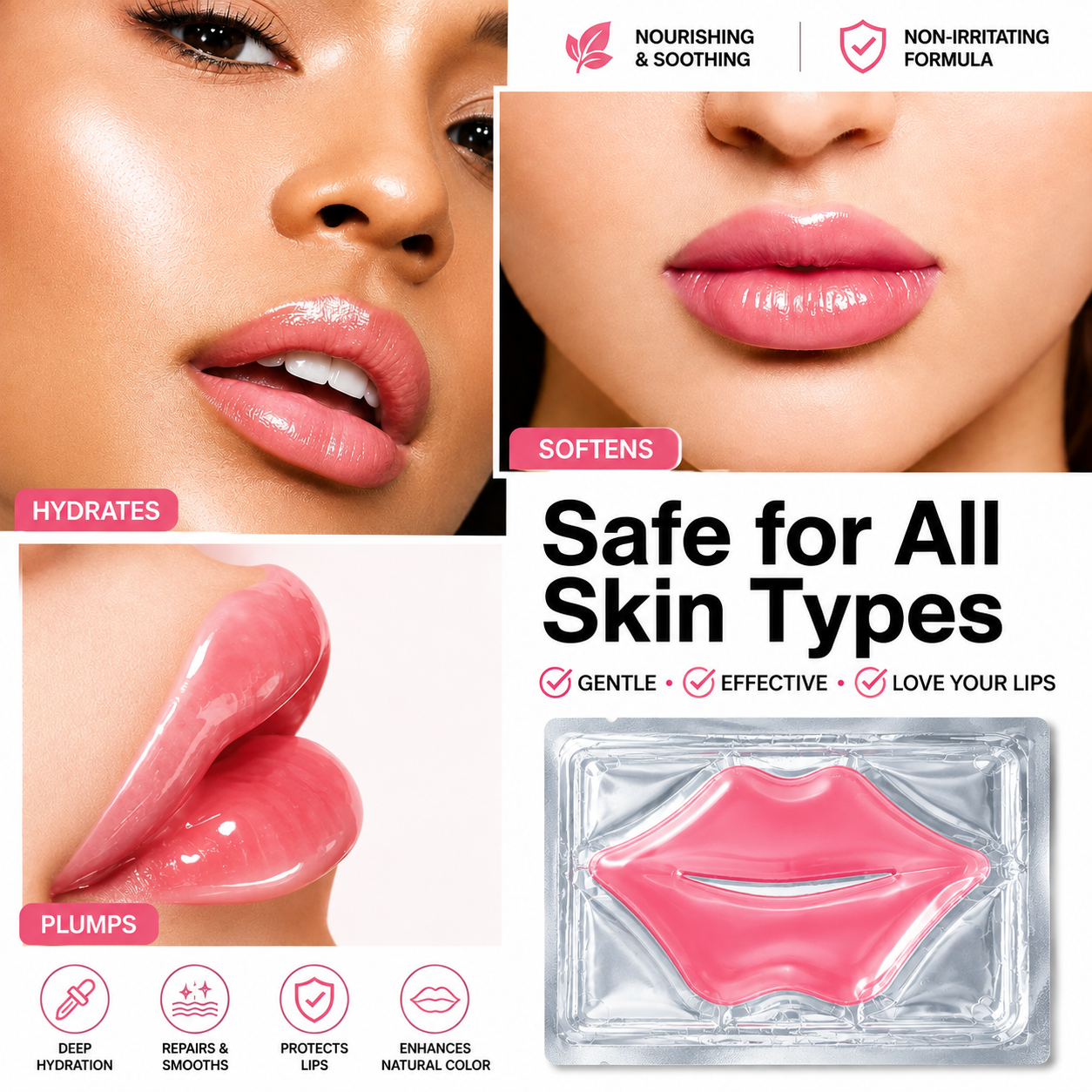 A promotional graphic for a lip product showing close-up photos of lips with glossy pink lips, text claims like 'Safe for All Skin Types' and 'Nourishing & Soothing,' and a clear blister pack containing a pink lip-shaped product.