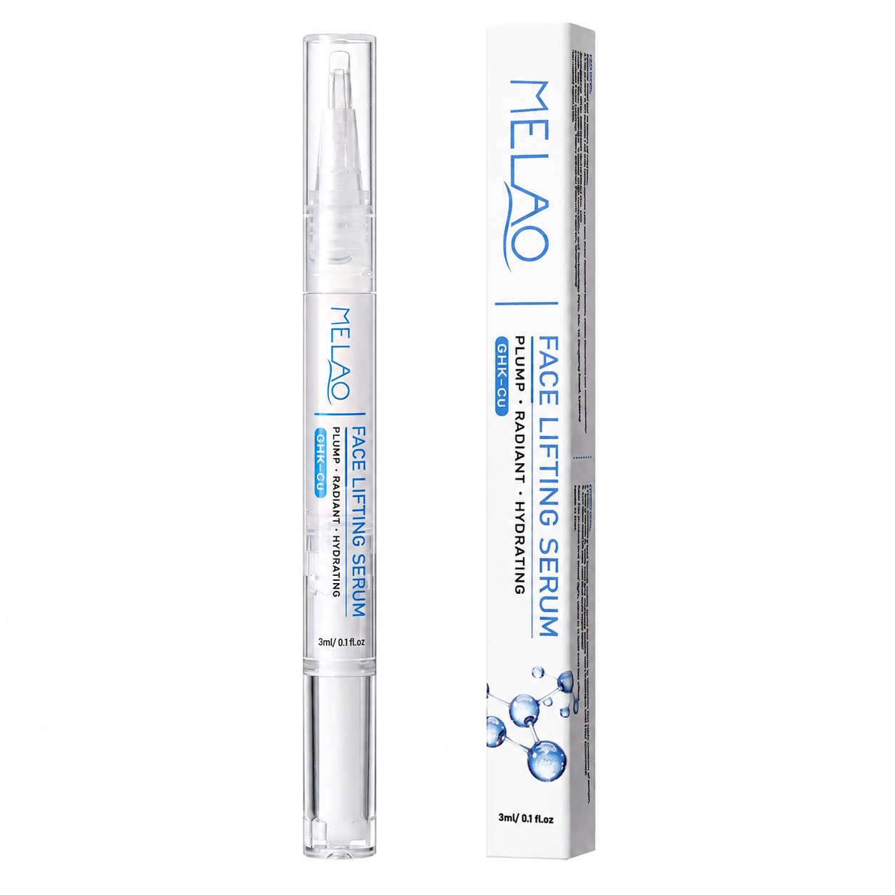 Face Lifting Serum in a clear cylindrical tube with a white cap, shown next to its white and blue retail box on a plain white background.