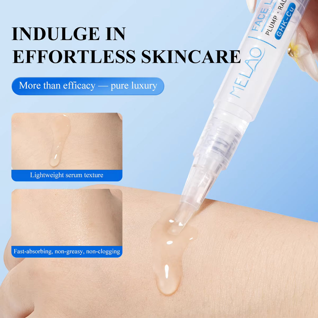 A clear cosmetic pump bottle labeled MELOAO is shown dispensing a transparent gel onto a person's forearm. The image includes marketing text ('INDULGE IN EFFORTLESS SKINCARE') and two inset skin-texture photos on a light blue background.