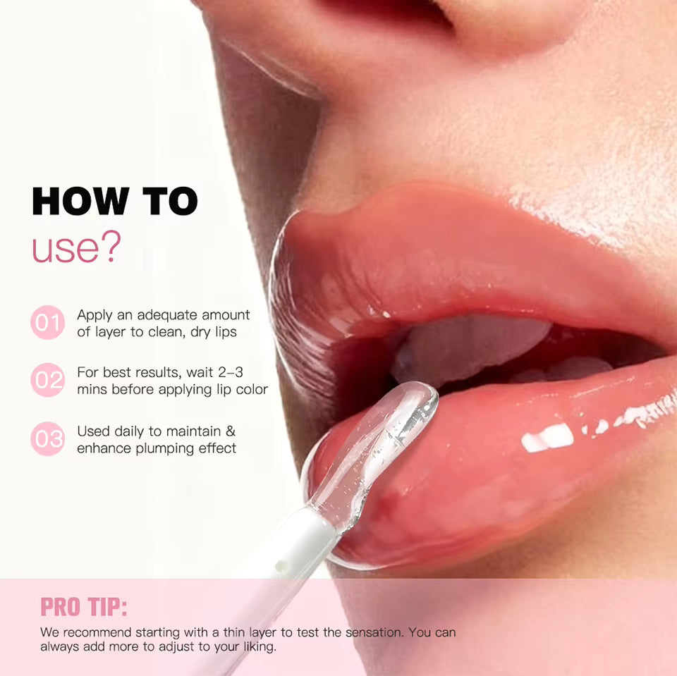 Lip product application guide with close-up of lips and text instructions.
