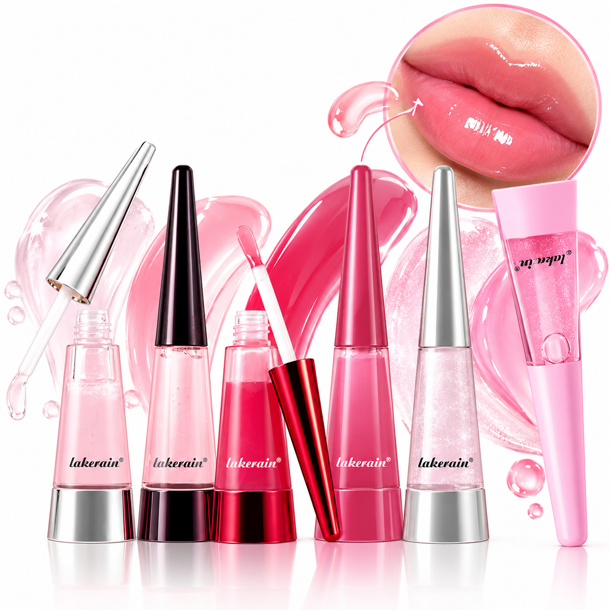  lip gloss products in various shades of pink, red, and clear, arranged on a white background with pink liquid splashes and a circular inset showing glossy pink lips.