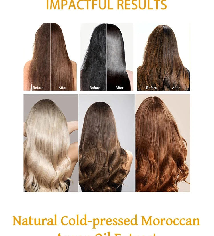 Before and after hair color transformation using Moroccan Argan Oil on a white background.