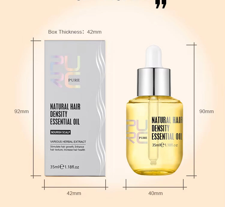A product dimension diagram showing a bottle of PURE Natural Hair Density Essential Oil next to its box, with measurements labeled 92mm, 42mm, 40mm, and 90mm on a pale peach background.