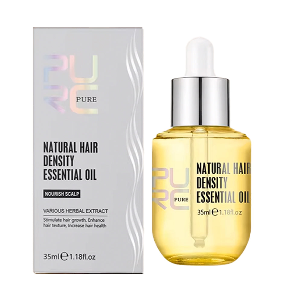 A bottle of PUR Pure Natural Hair Density Essential Oil with a silver dropper cap next to its light gray packaging box, on a white background.