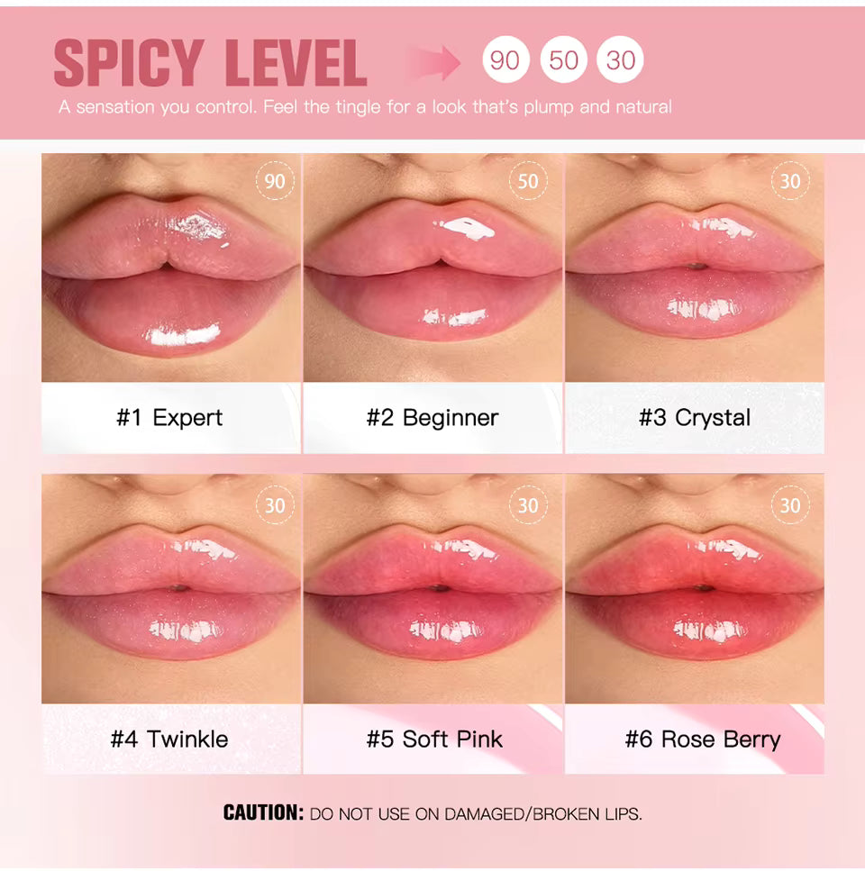 Lipstick color swatches with spicy level indication on a pink background