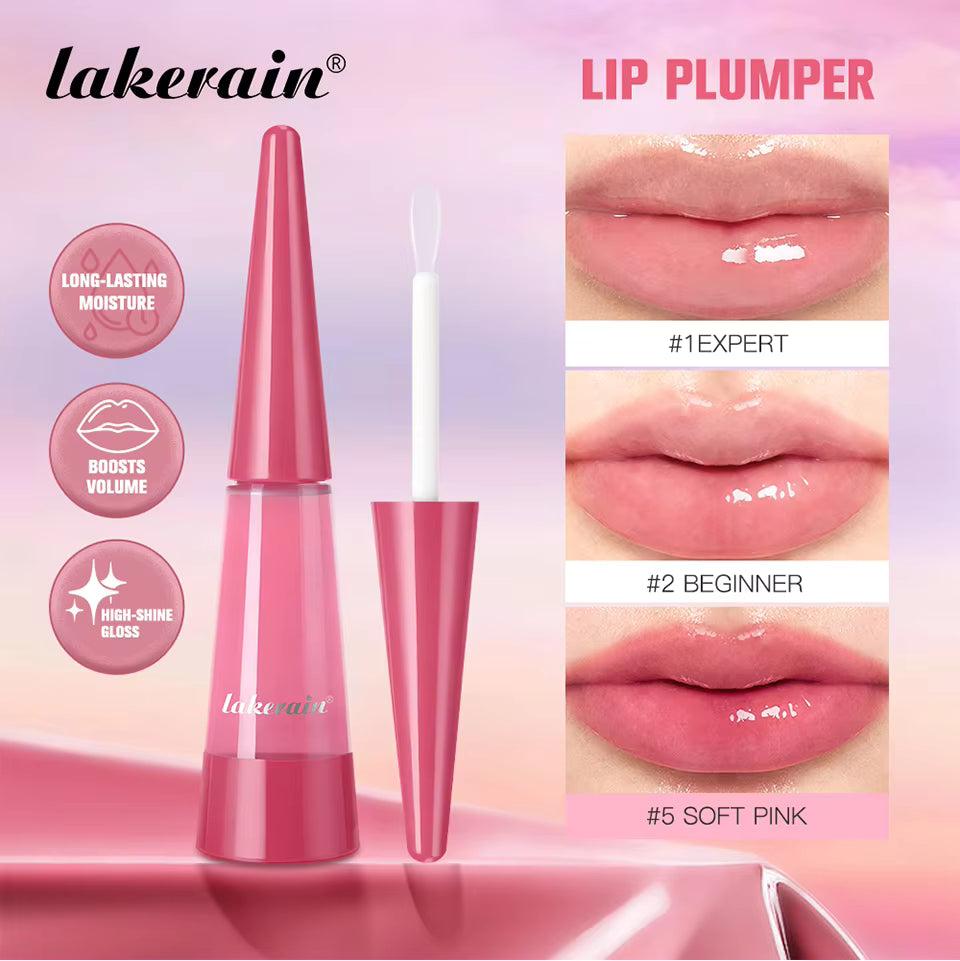 lip plumper with product and application examples on a pink and purple gradient background