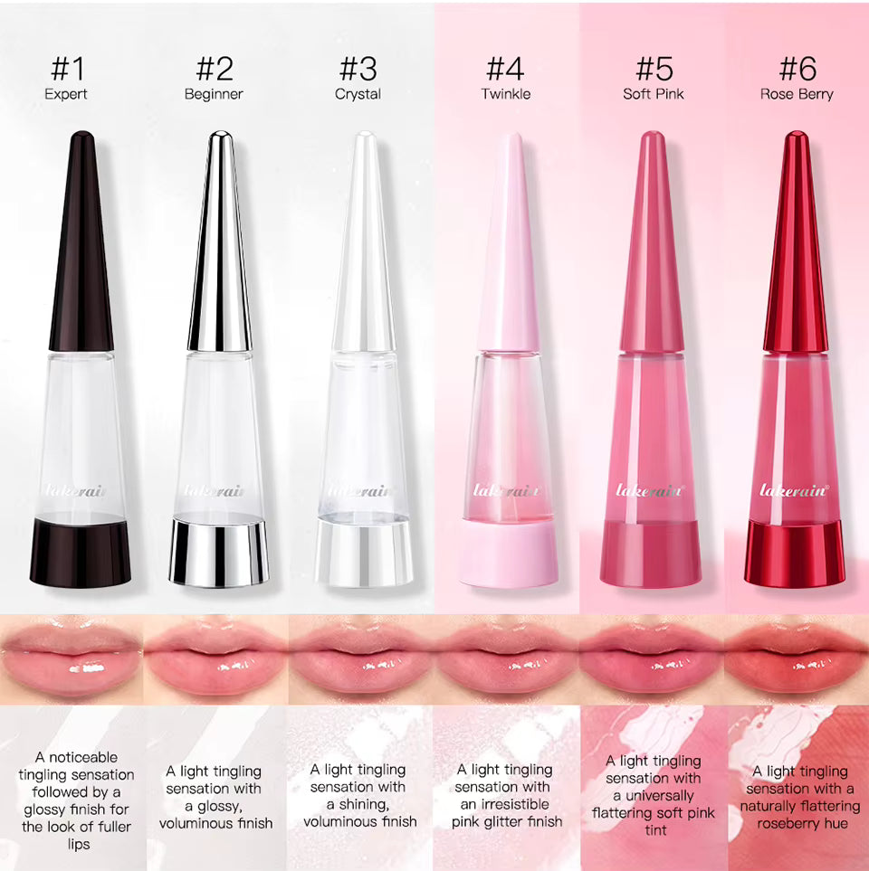 Set of six lip glosses with different shades and a comparison on lips.