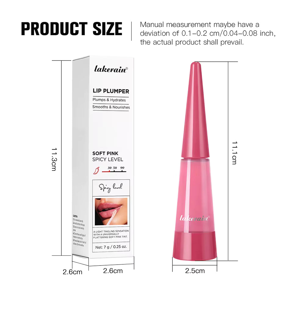 lip plumper with packaging and measurements on a white background