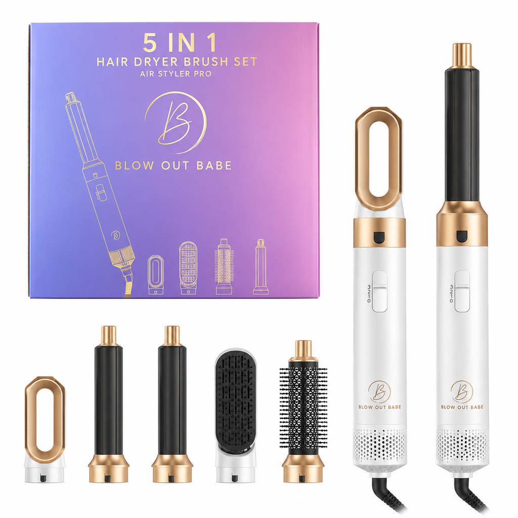 Blow Out Babe 5in1 Hair Air Dryer Professional Curling Iron Hair Straightener Styling Tool (WHITE)