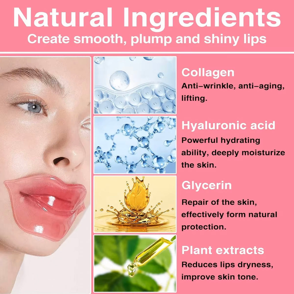 Promotional graphic for a lip product with the headline 'Natural Ingredients' and text listing collagen, hyaluronic acid, glycerin, and plant extracts. The left side shows a close-up of glossy pink lips wearing a translucent lip product, while the right side contains ingredient panels with water droplets, a golden droplet, and green leaves on a pink background.